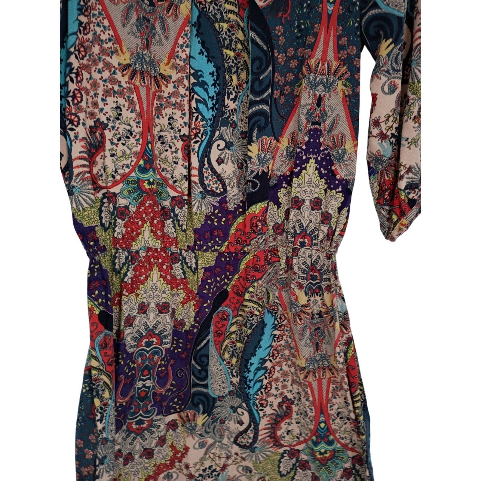 EAST INDIA COMPANY Paisley Print Viscose Midi Dress 3/4 Sleeve Elastic Waist