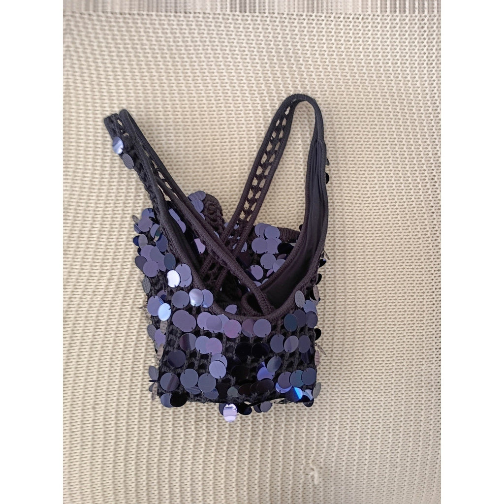 Splendid Navy Sequin Crochet Tank Top M L Medium Iridescent Paillette Festival