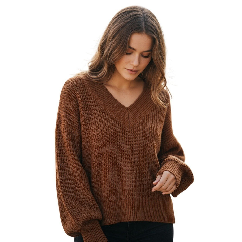 PINK ROSE NWT Cozy Rusty Brown Cross-Neck Waffle Knit Sweater Size S Casual Chic