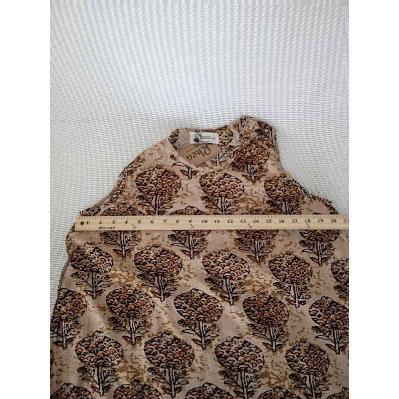NWT RHEA Earthy Tan Orange Floral Tree Shift Dress S/M Artisan Boho Viscose