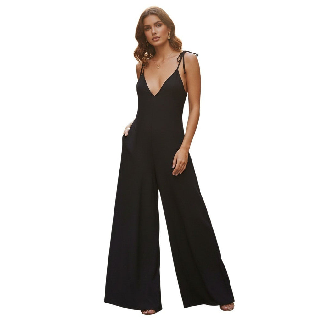 NWT RHEA Black Wide Leg Jumper Romper OS Shoulder Tie Handmade Jumpsuit BOHO
