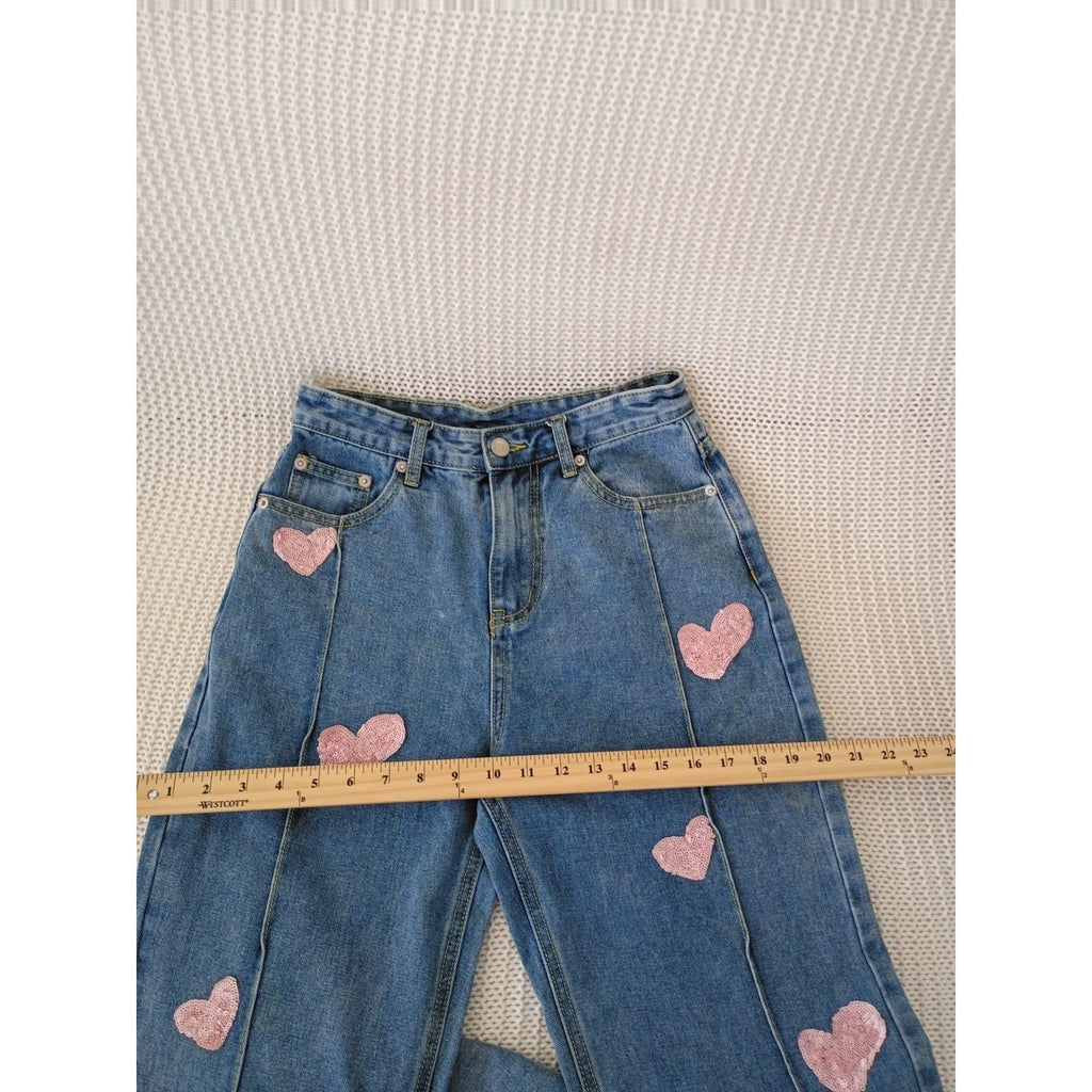 CIDER PINK Closet Sequin Heart Straight Leg Jeans High Rise Side Slit S 25x30