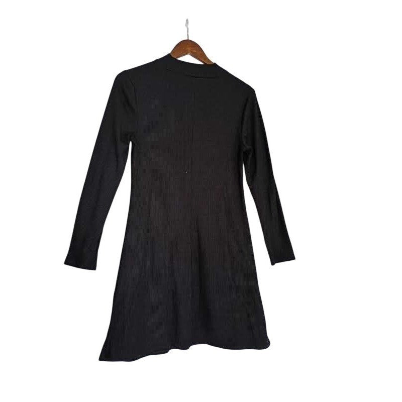 Madewell Black Ribbed Mock Neck Dress M Long Slve A-Line Mini Minimalist Stretch