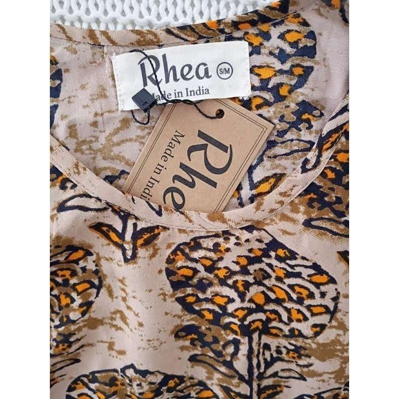 NWT RHEA Earthy Tan Orange Floral Tree Shift Dress S/M Artisan Boho Viscose