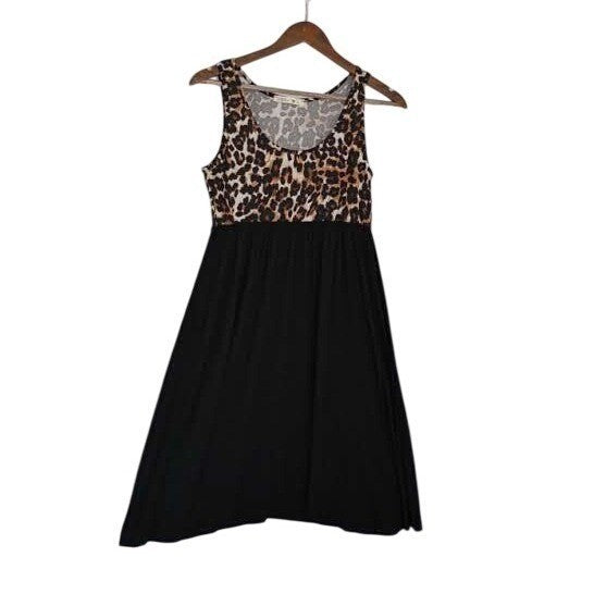 Coco USA Leopard Print Skater Dress Fit & Flare Black Sleeveless L Fits M Boho