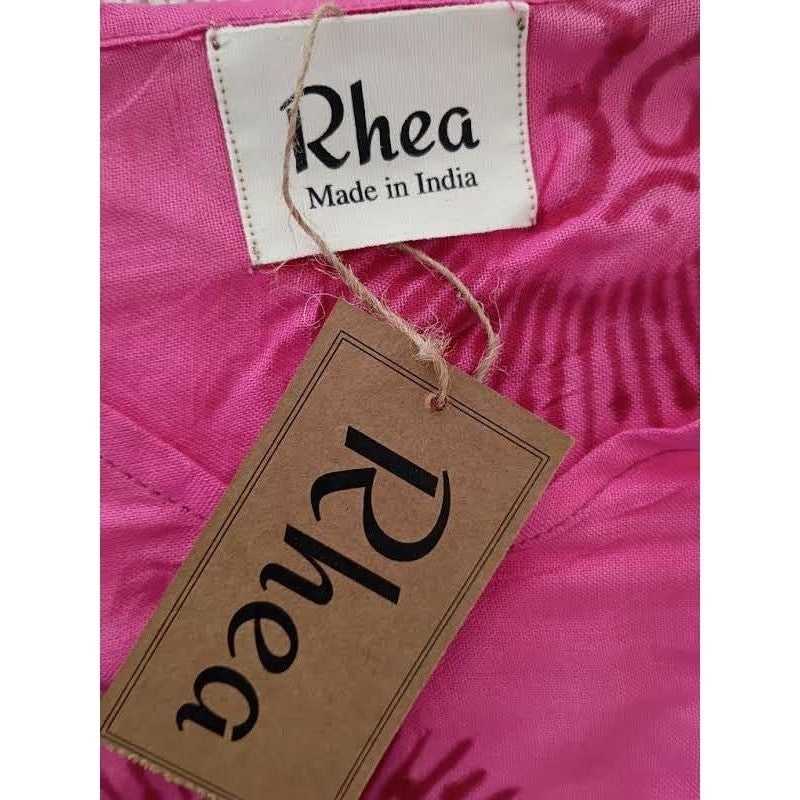 RHEA NWT Pink Mandala Block Print Crop Top S/M Boho Rayon Blouse Made In India