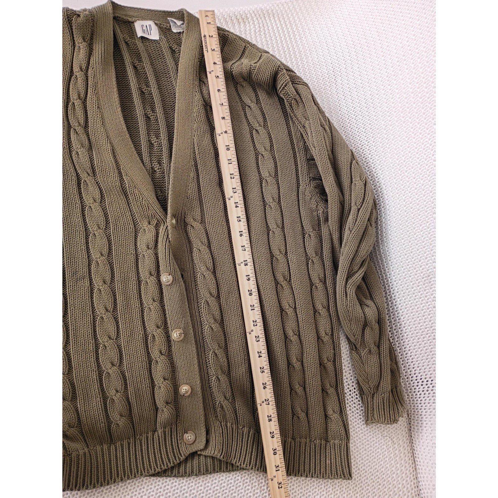 GAP Cable Knit Cardigan Sweater Olive Green Button Long Sleeve XL 100% Cotton