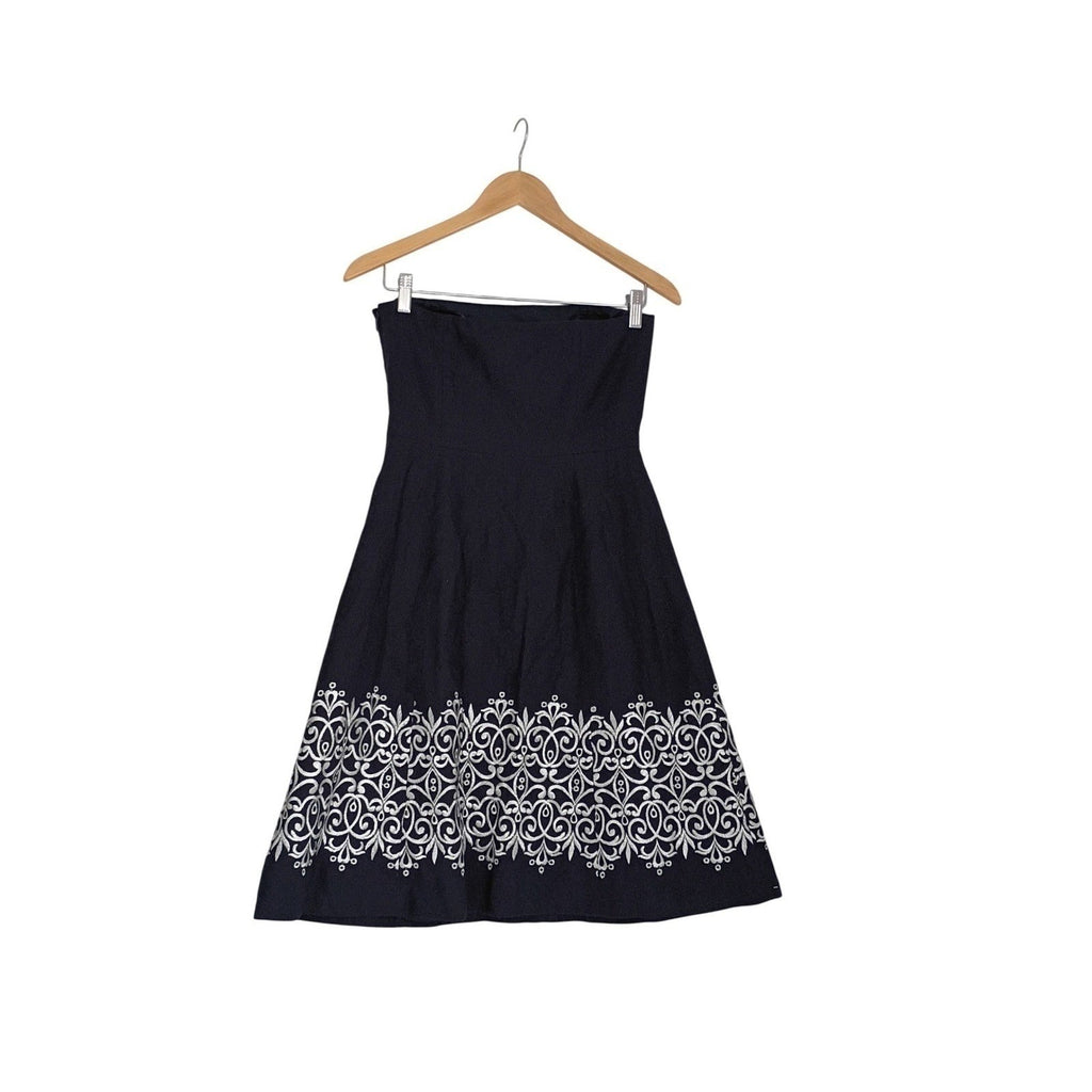 Ann Taylor Navy Blue Strapless Embroidered A-Line Dress Small 100% Cotton Summer