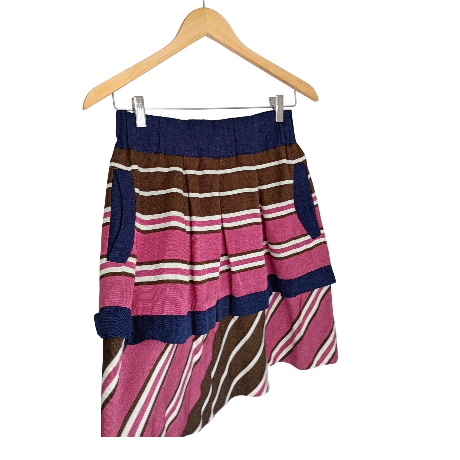 Maeve Anthropologie Striped Mini Skirt Pink Brown Navy Blue Fits S Elastic Waist