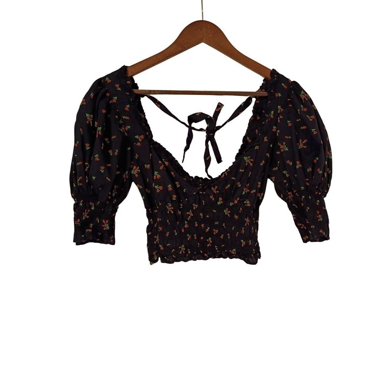 Urban Outfitters Navy Floral Puff Sleeve Smocked Top S Tie Back Coquette Boho