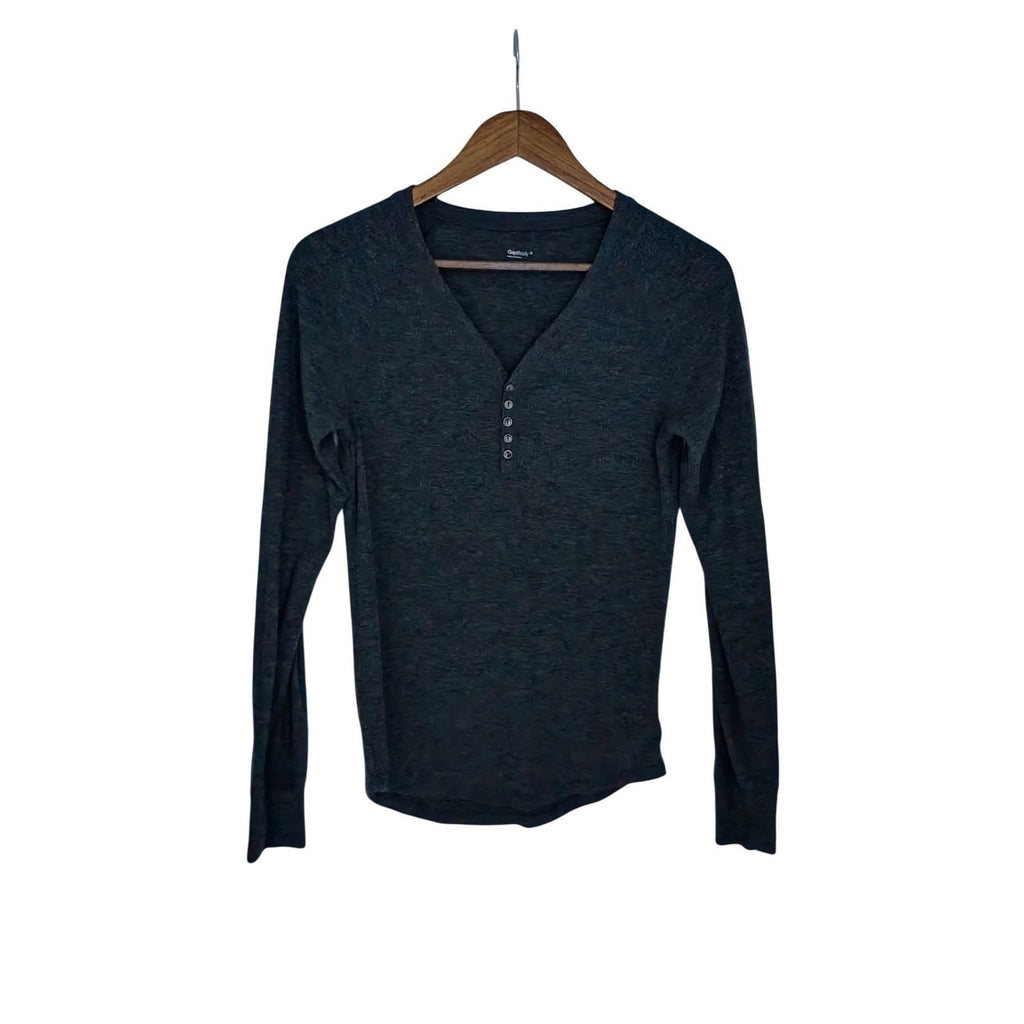 GapBody Charcoal Heather Henley V Neck Long Sleeve Top M Minimalist Loungewear