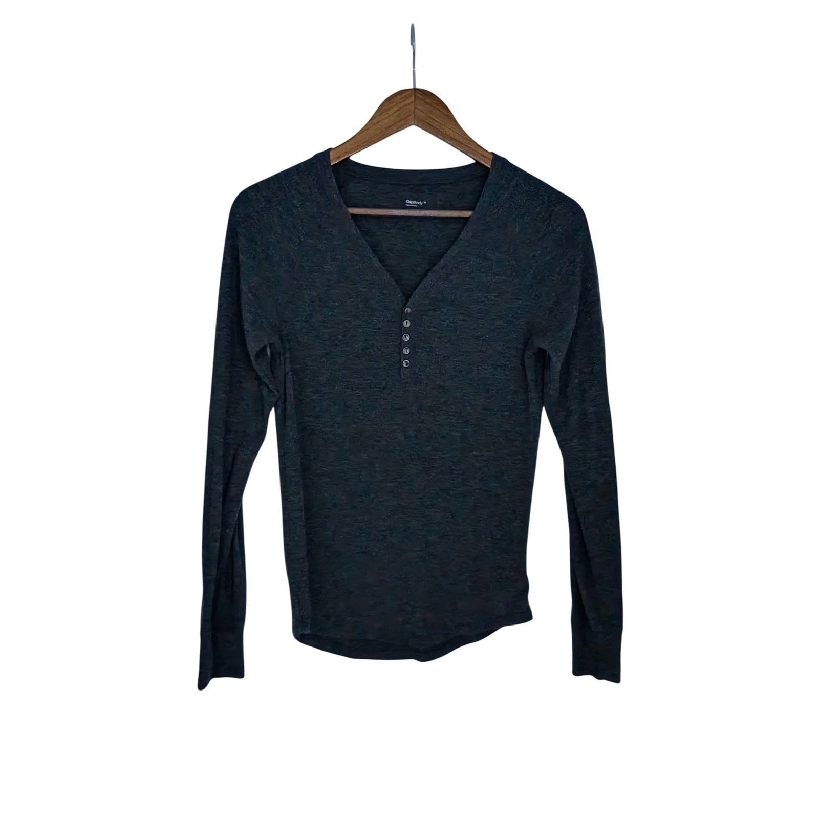 GapBody Charcoal Heather Henley V Neck Long Sleeve Top M Minimalist Loungewear