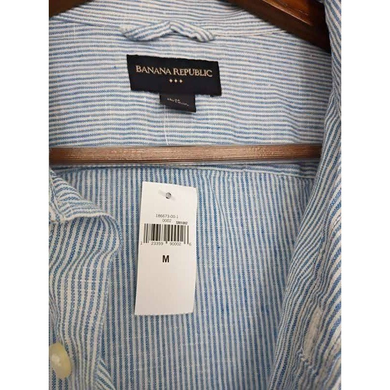 New Banana Republic Blue White Stripe 55% Linen  Button Down Shirt Men Medium M