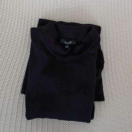 Madewell Black Ribbed Mock Neck Dress M Long Slve A-Line Mini Minimalist Stretch