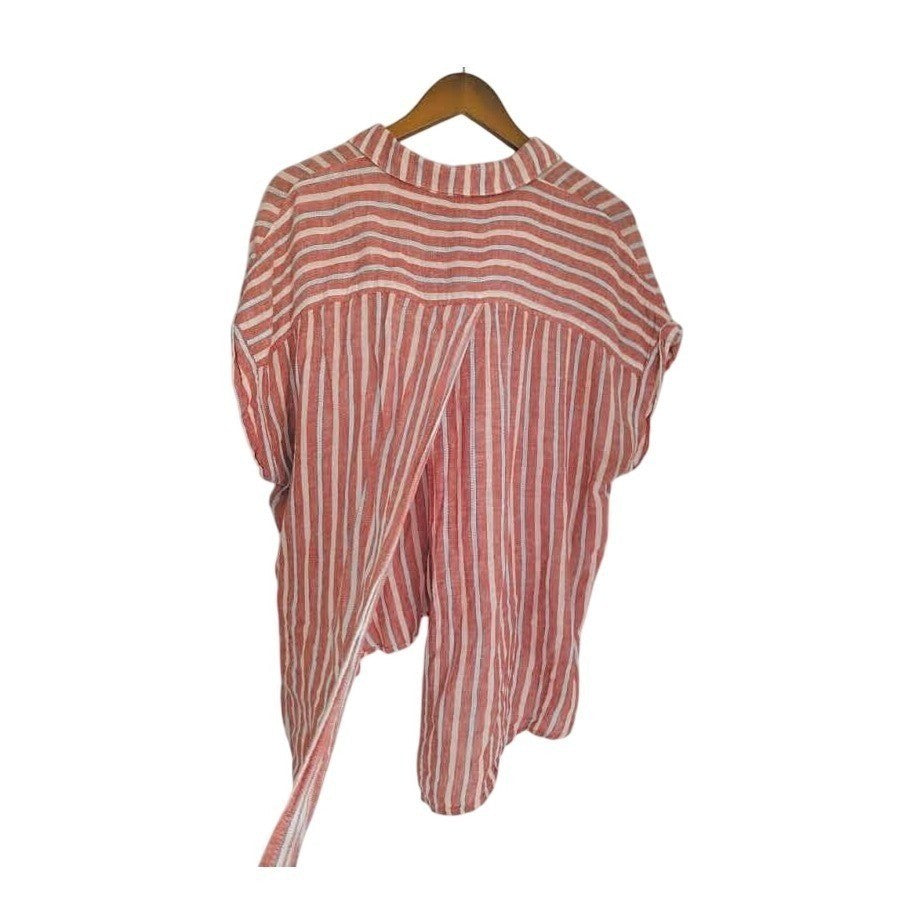 LUCKY BRAND Striped Button Up Tie Frnt Shirt Red Wht Blue Linen Blend XL Coastal
