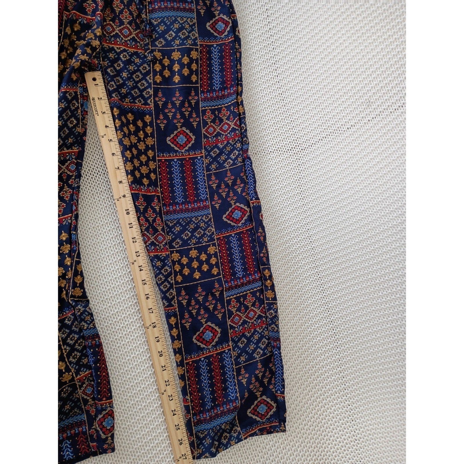 RHEA NWT Silk Blend Bohemian Patchwork Wide Leg Pants S/M Navy Red Gold Boho