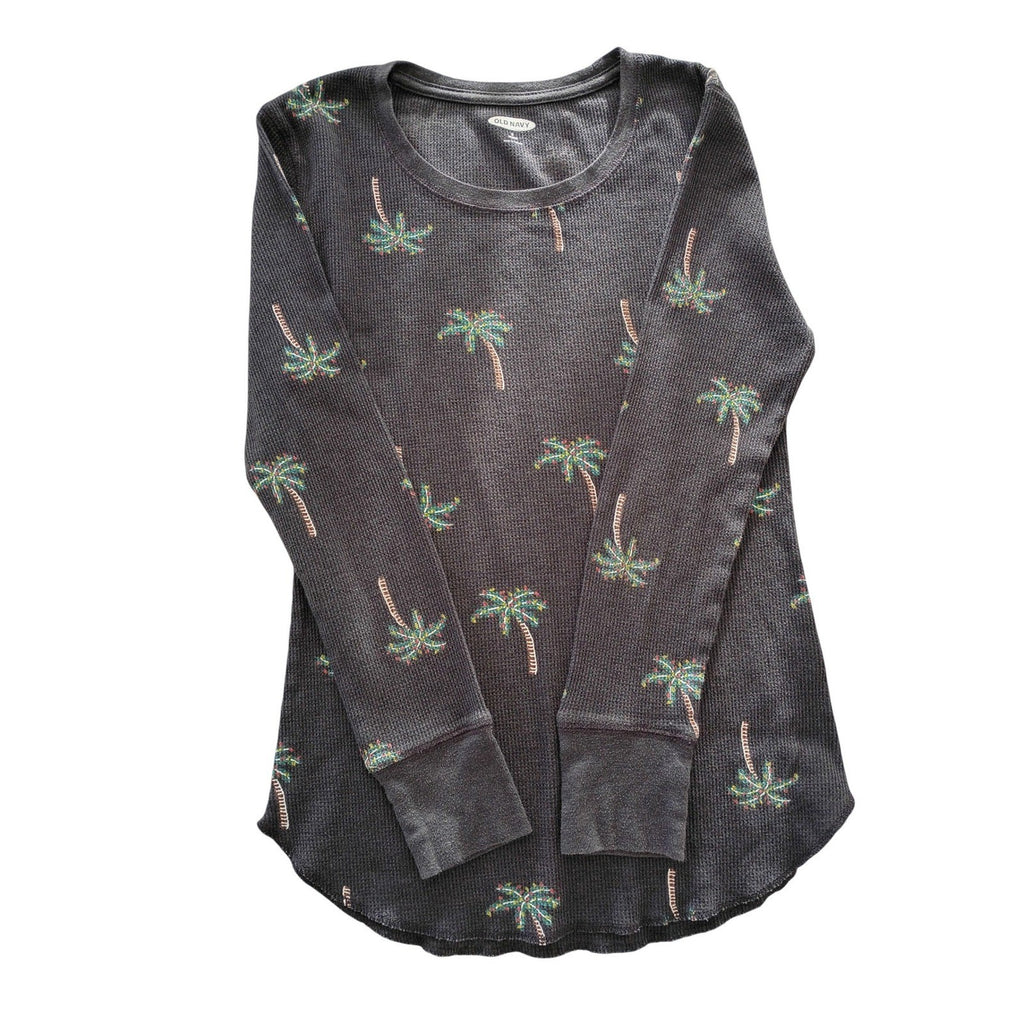 Old Navy Dark Gray Palm Tree Print Long Sleeve Cotton Thermal Top
