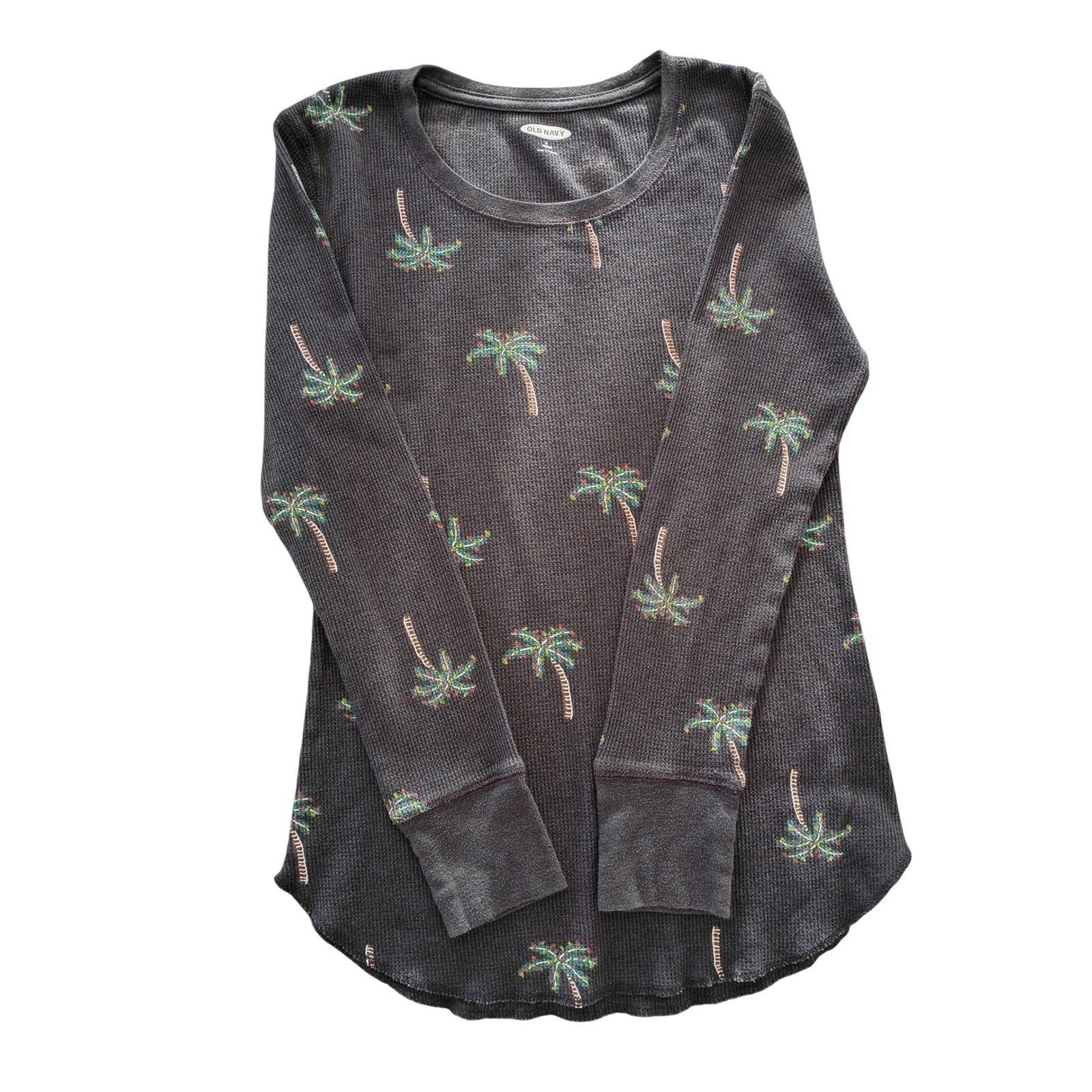 Old Navy Dark Gray Palm Tree Print Long Sleeve Cotton Thermal Top