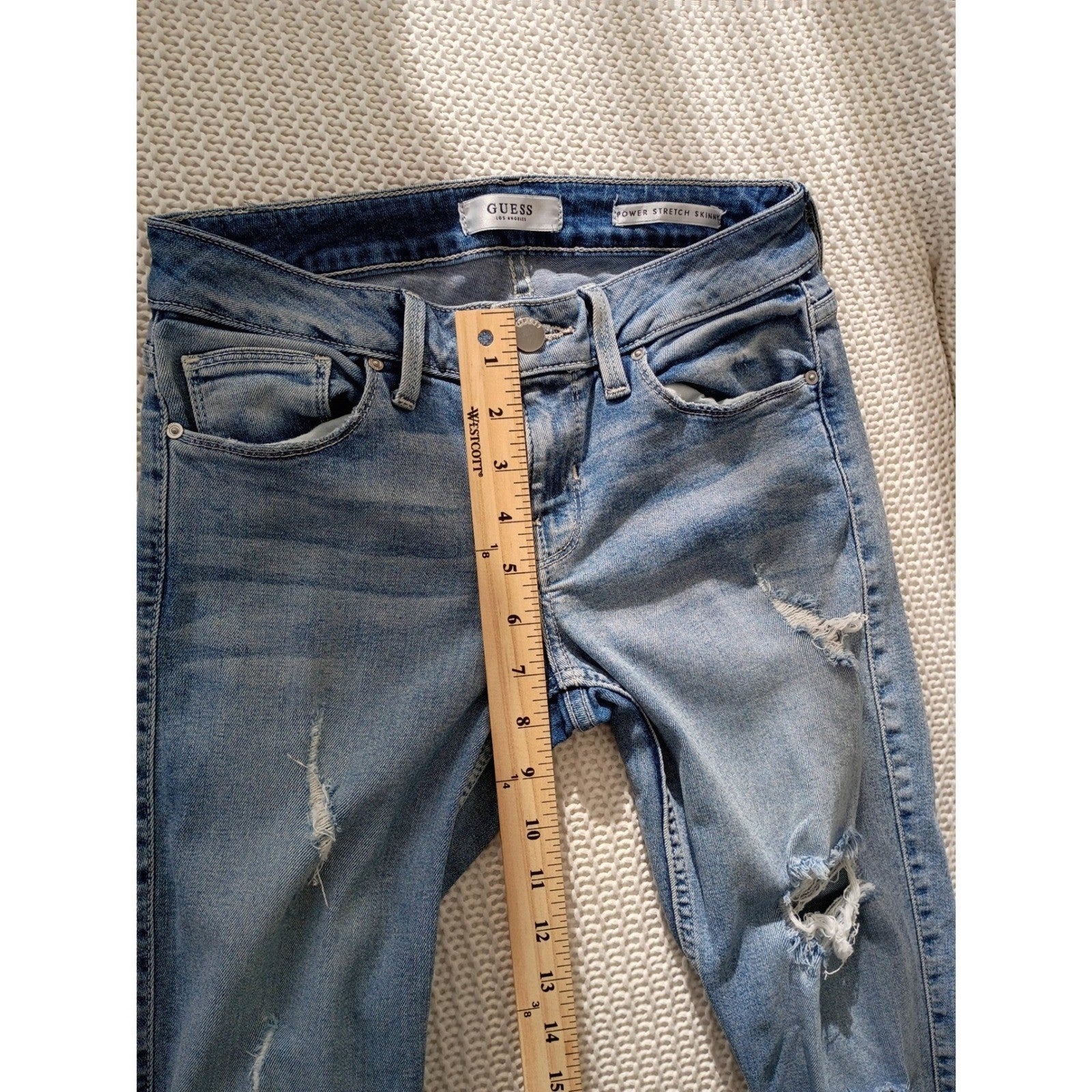 Guess Power Stretch Skinny Jeans Blue Distressed Ripped Light Wash 26x28