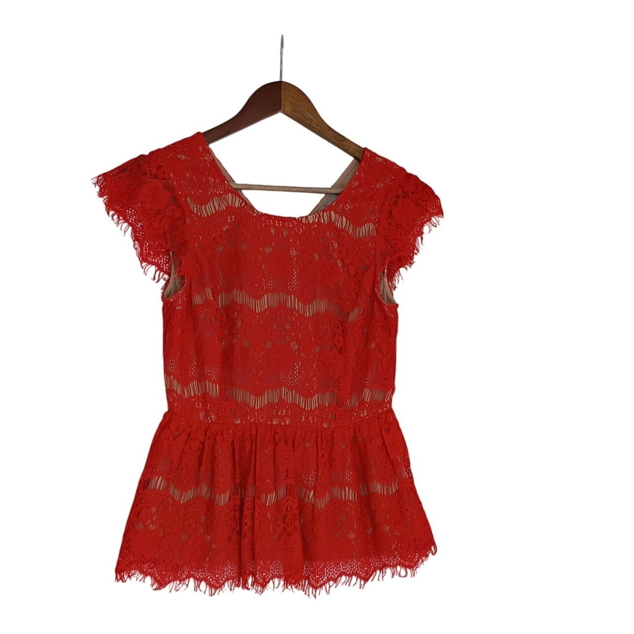 Maeve Anthropologie Red Lace Peplum Top Eyelash Trim Short Slve XS Romantic $98