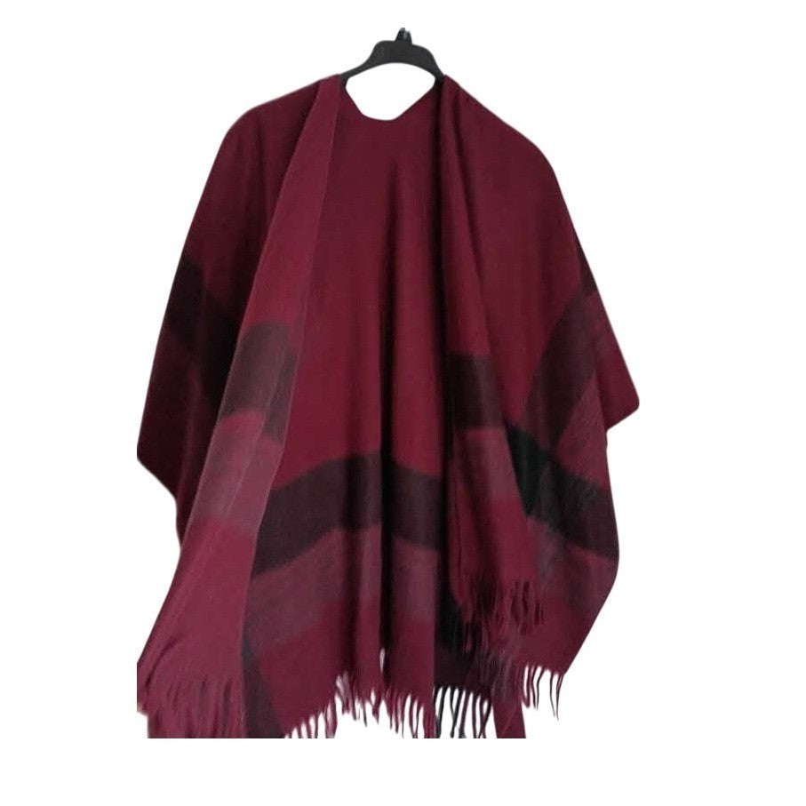 RHEA Cozy Burgundy Southwestern Plaid Fringe Ruana Poncho Wrap NWT L/XL Boho