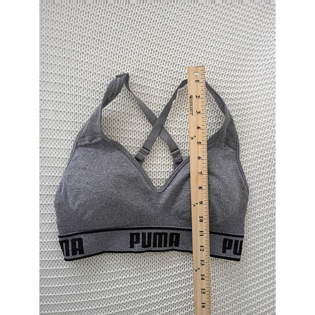 Puma Heather Grey Seamless Cross Back Sports Bra Logo Band Adjustable Small S