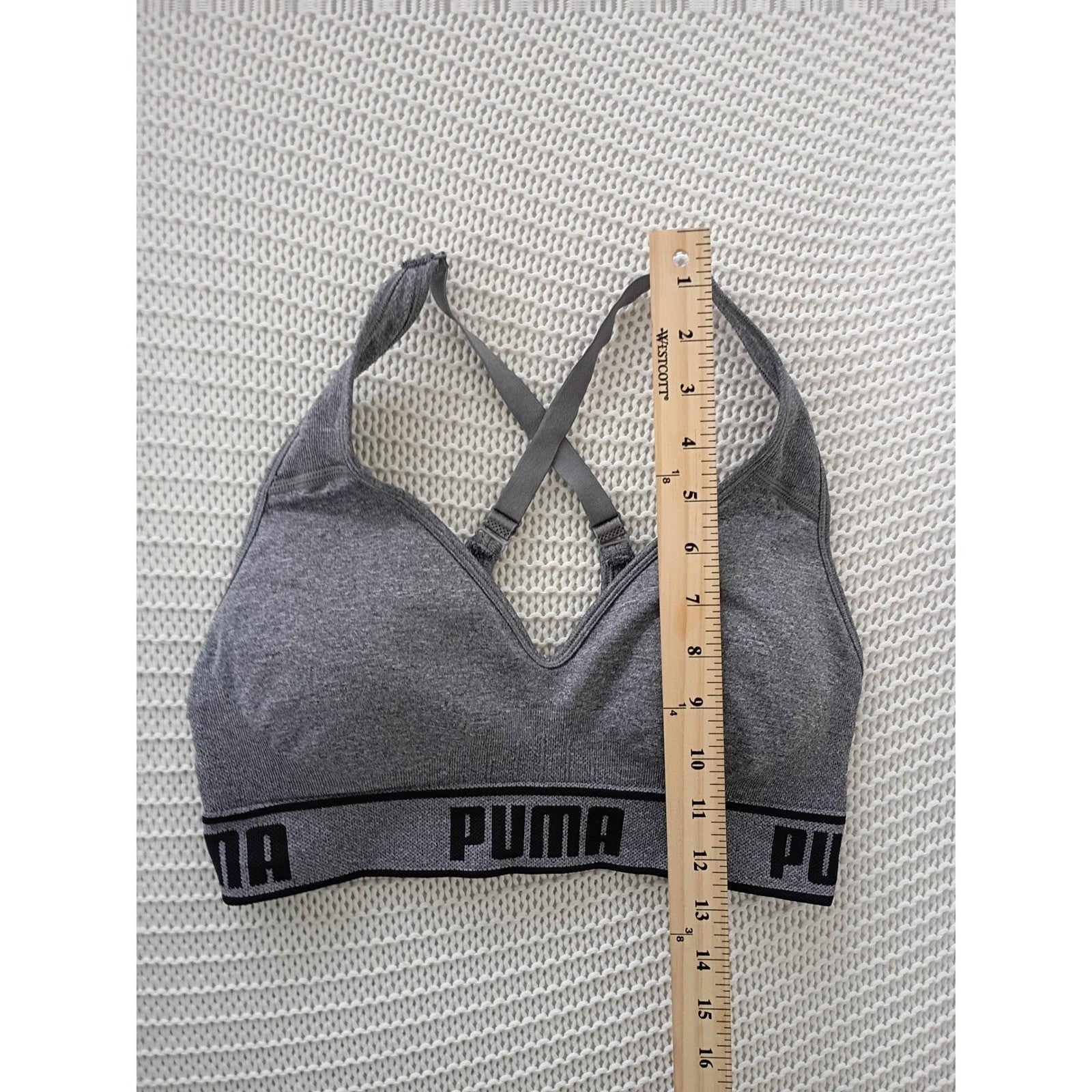 Puma Heather Grey Seamless Cross Back Sports Bra Logo Band Adjustable Small S