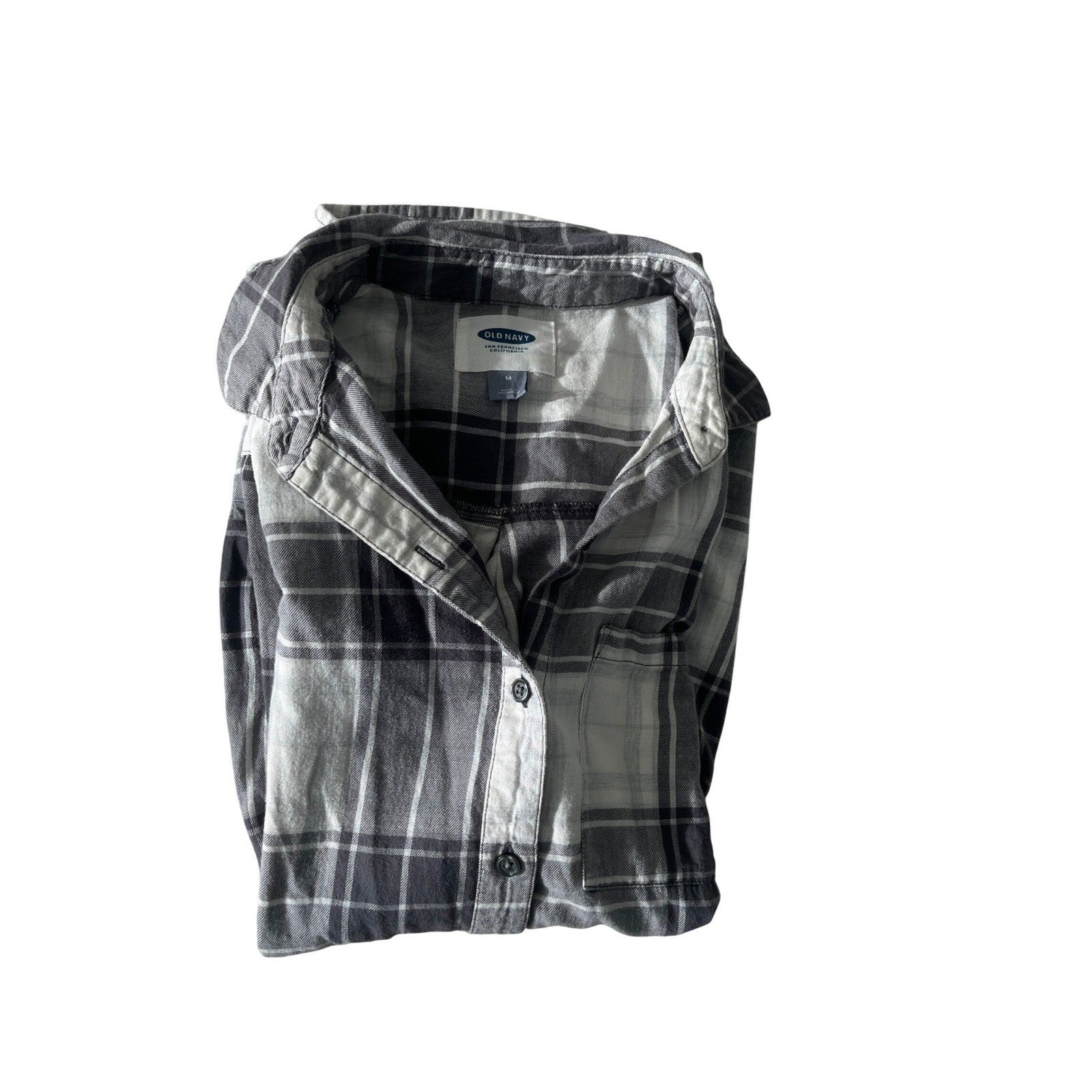 Old Navy Oversized Flannel Shirt M/L Blue Gray White Plaid Cotton Boyfriend