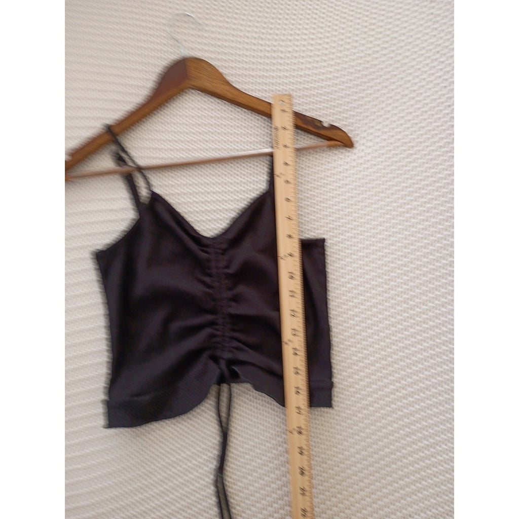 LOVE TREE Black Ribbed Cinched Front Cami Top Spaghetti Strap Cropped Coquette S