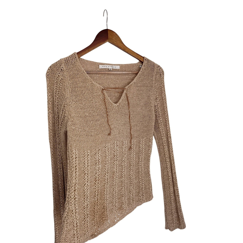 Max Studio Tan Beige Lace Up Hippie V-Neck Open Knit Ribbed Sweater S Coastal