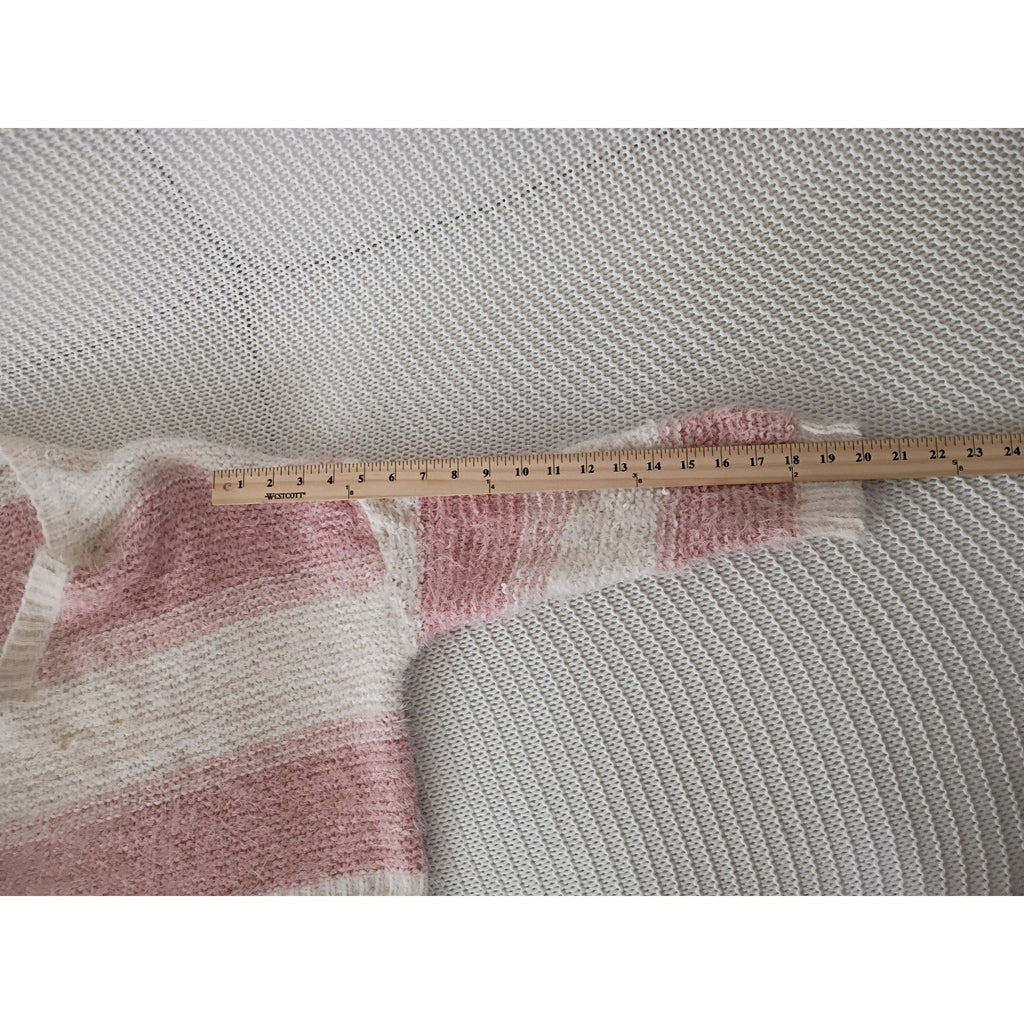 Altar'd State Sweater S M Pink Cream Striped Fuzzy Eyelash Knit Cropped V-Neck