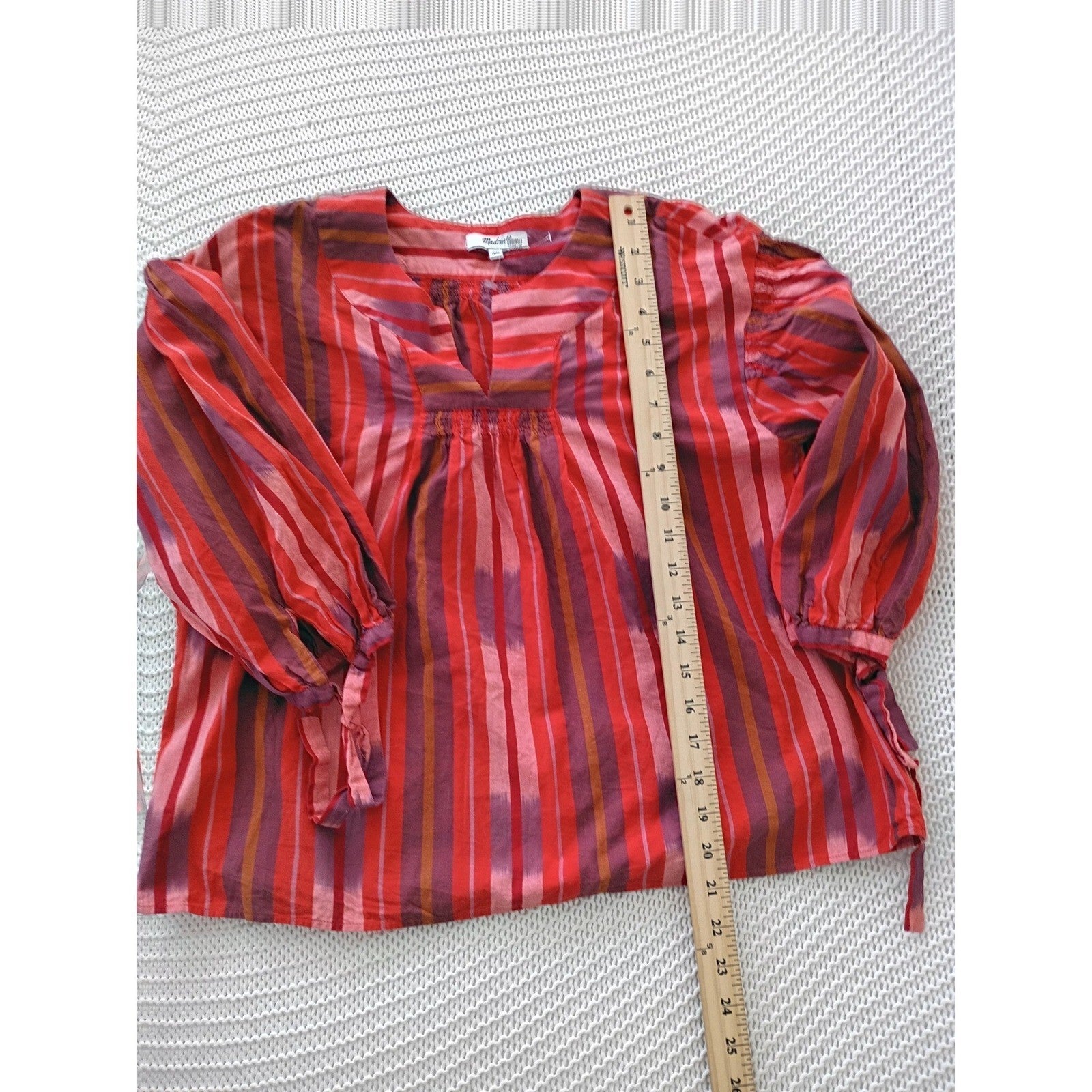 Madewell Red Boho Ikat Stripe 100% Cotton Tie Cuff Blouse Fits S M NWOT $78