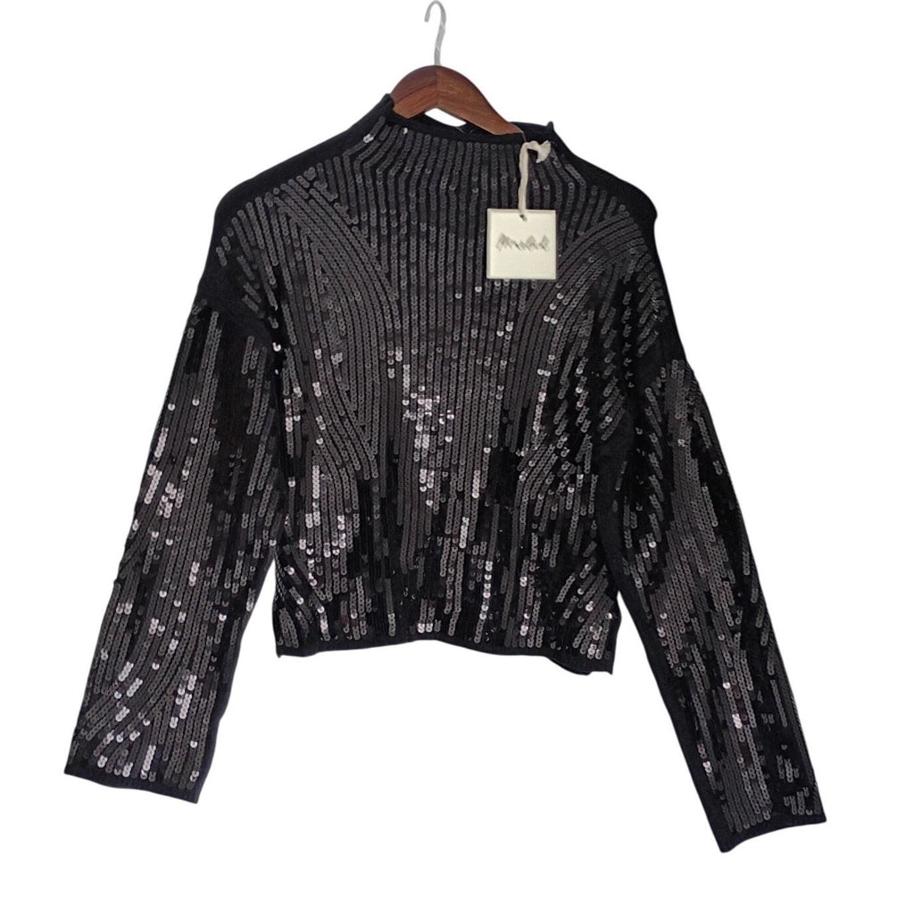 NWT Sequin Cropped Mock Neck Sweater Black Marled Party Knit Fits S