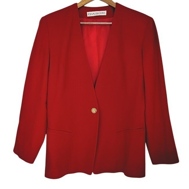 Evan Picone Red 100% Wool Blazer V Neck Timeless Career Chic 10