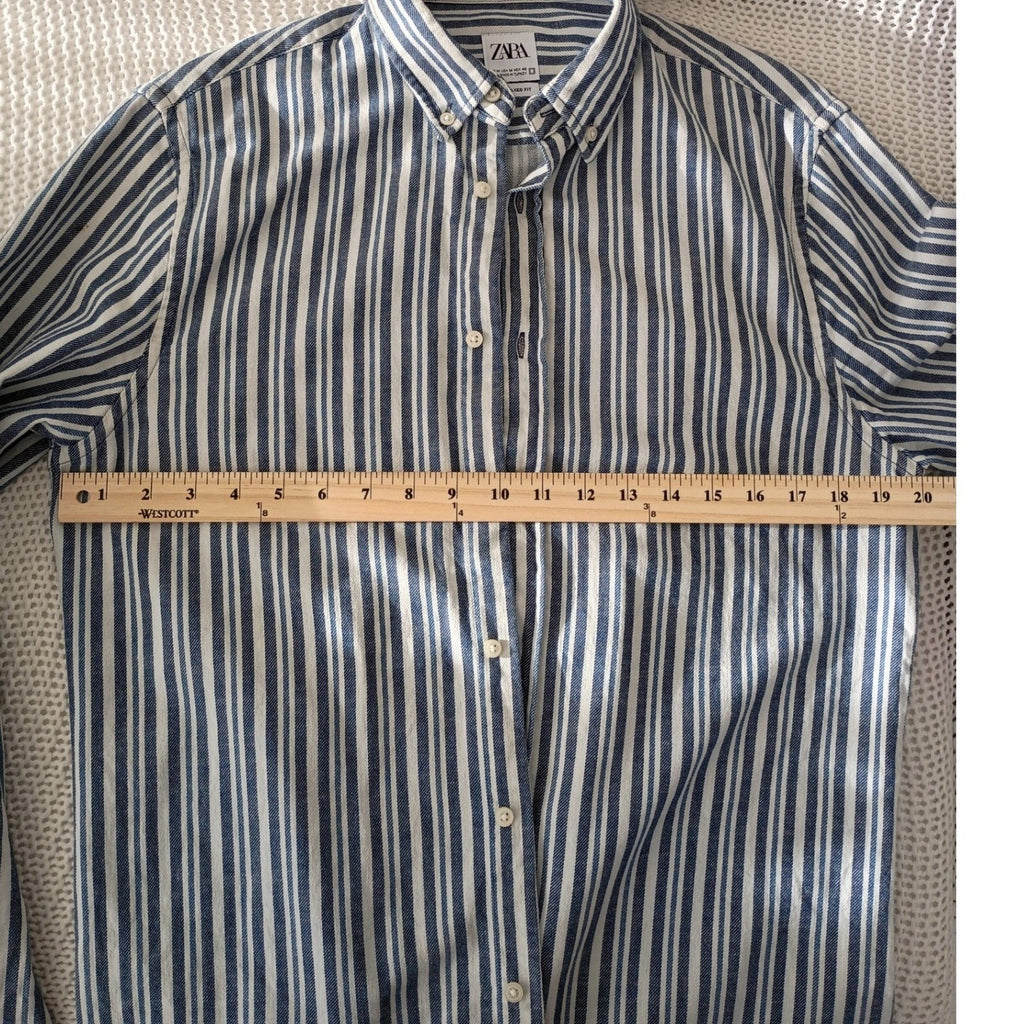 ZARA Men's Blue White Striped Button Down Shirt Medium 98% Cotton