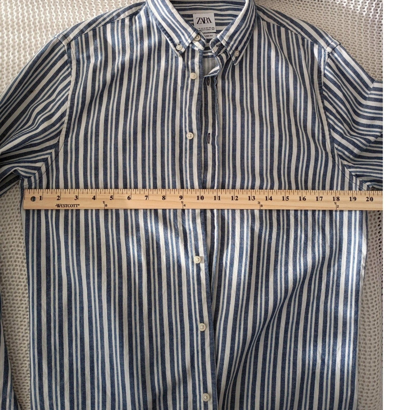 ZARA Men's Blue White Striped Button Down Shirt Medium 98% Cotton