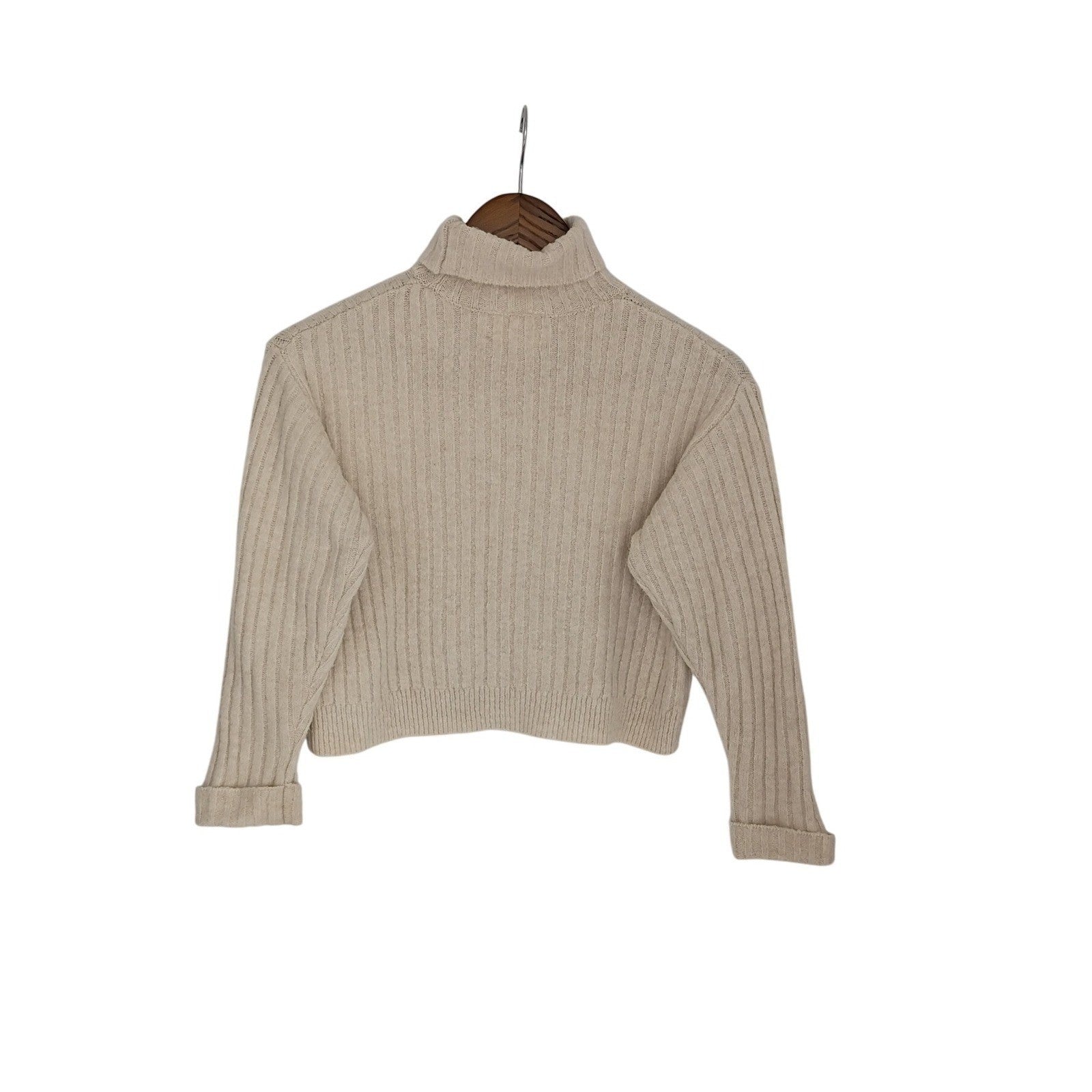 Zara NWT Cream Ribbed Cropped Turtleneck Sweater Long Sleeve Minimalist S XS