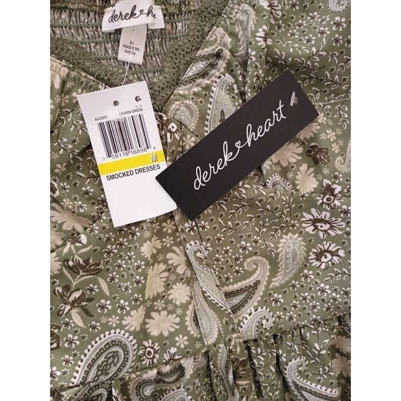 Derek Heart NWT Lichen Green Paisley Smocked Mini Dress S Small Boho Cottagecore