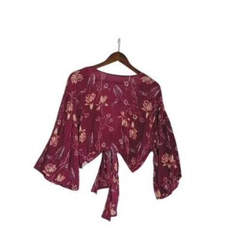 Billabong Berry Pink Floral Tie Front Crop Top S Small V-Neck Boho Surfer Beach