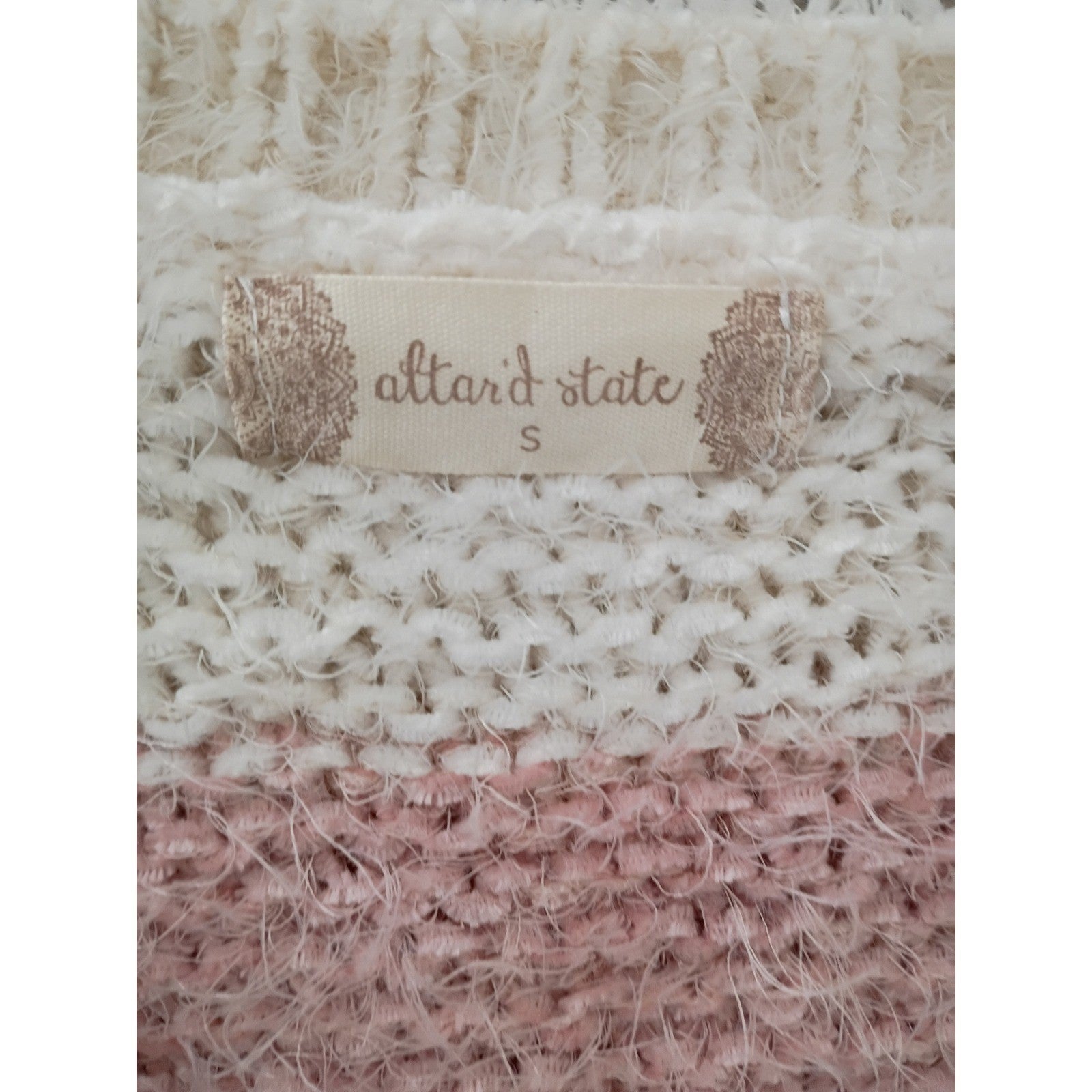 Altar'd State Sweater S M Pink Cream Striped Fuzzy Eyelash Knit Cropped V-Neck