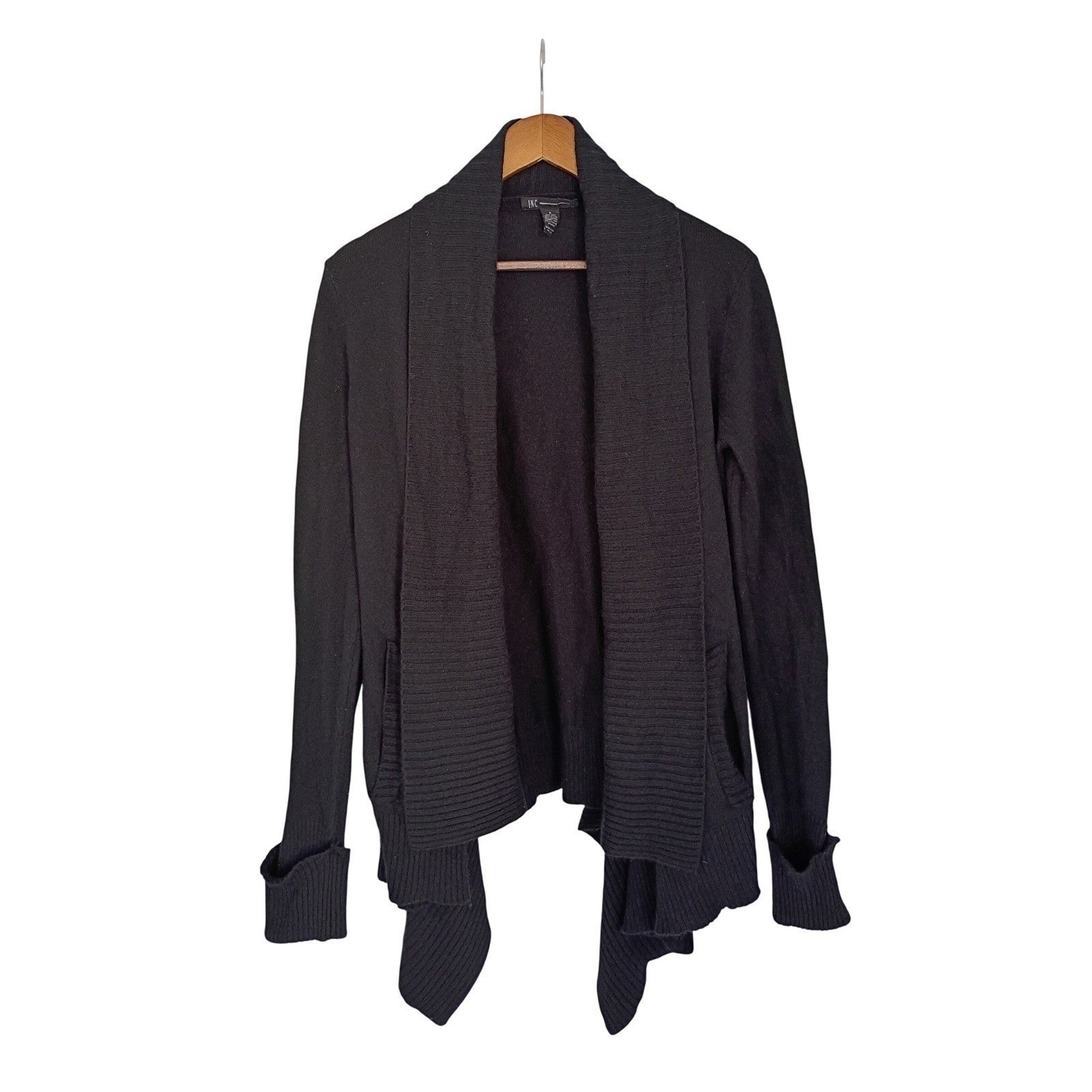 INC Int'l Concepts -SILK Angora Black Ribbed Knit Shawl Cardigan Sweater Size S