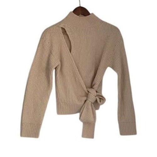 ASTR The Label Chic Elegant Cream Ribbed Mock Neck Wrap Tie Sweater Size S