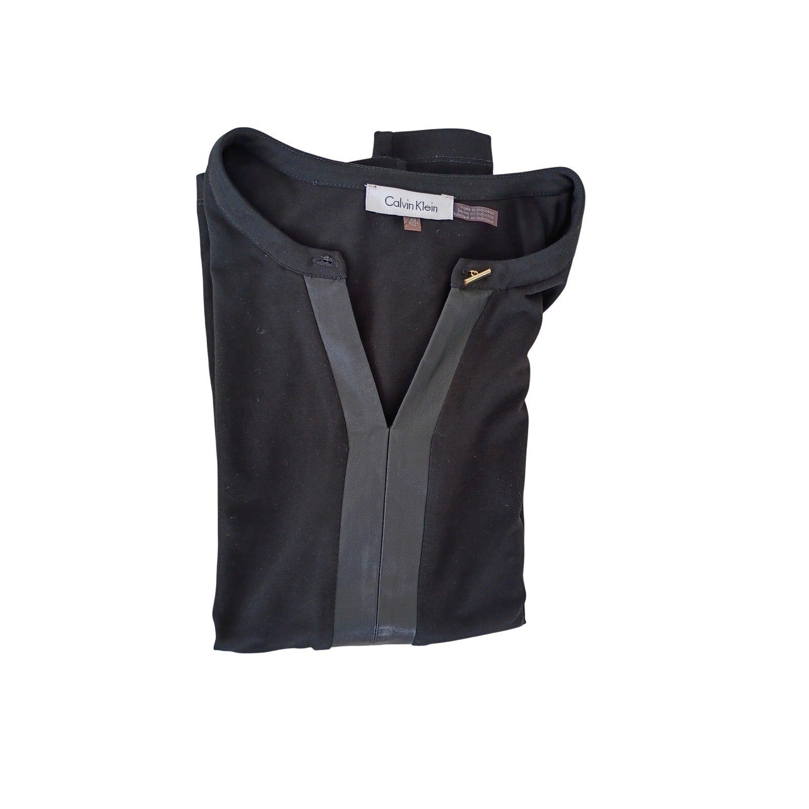 Calvin Klein Black Sleeveless V-Neck Sheath Top with Faux Leather Trim Size M