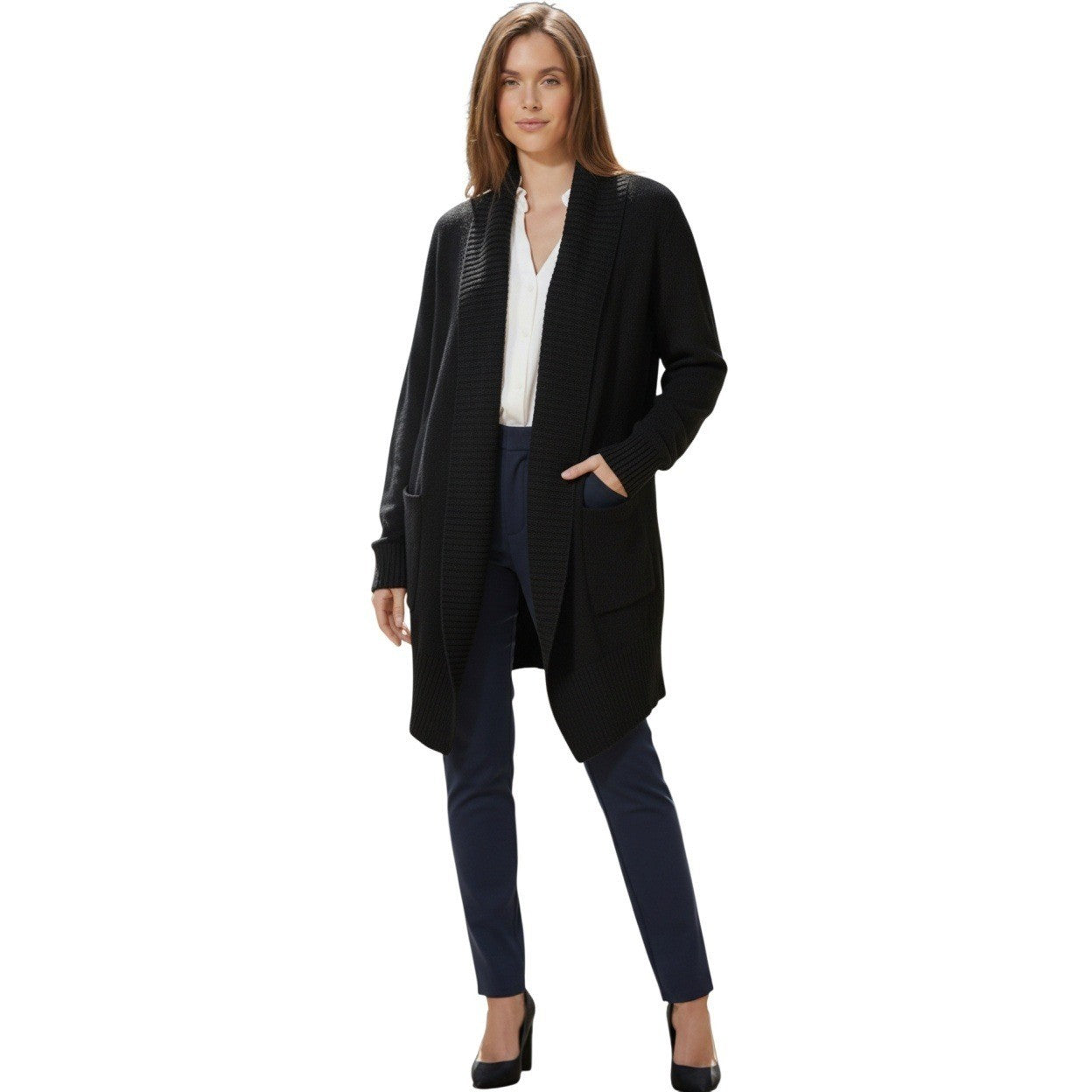 INC Int'l Concepts -SILK Angora Black Ribbed Knit Shawl Cardigan Sweater Size S