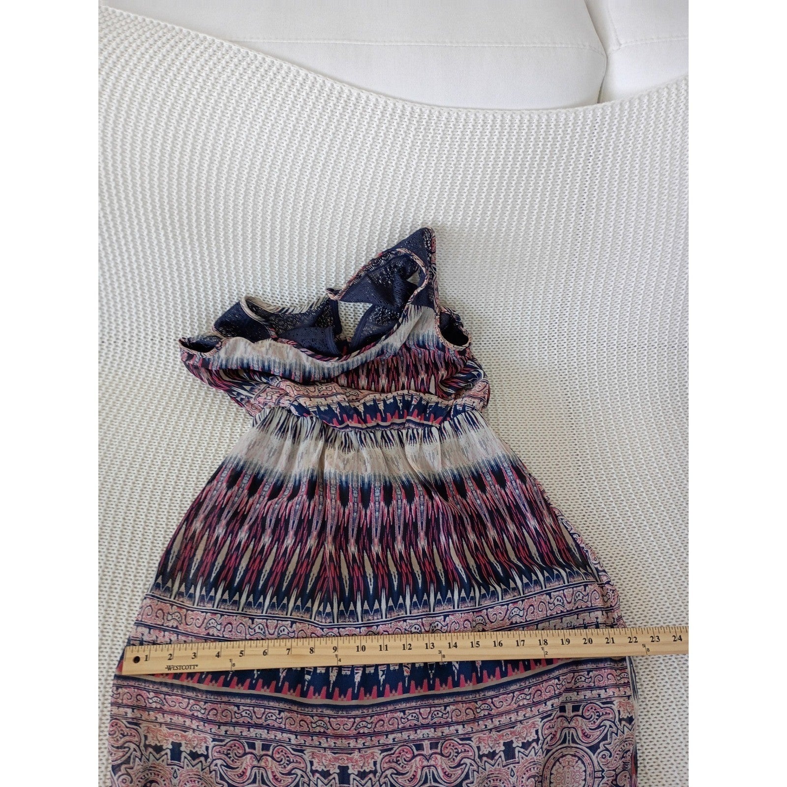 Trixxi Navy Pink Geometric Paisley Lace Sheer Maxi Dress Small Boho Slit Beach