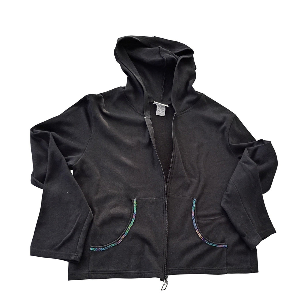 C.W. SPORT Black Cotton Zip-Up Hoodie Sequin Pocket Detail Large Casual