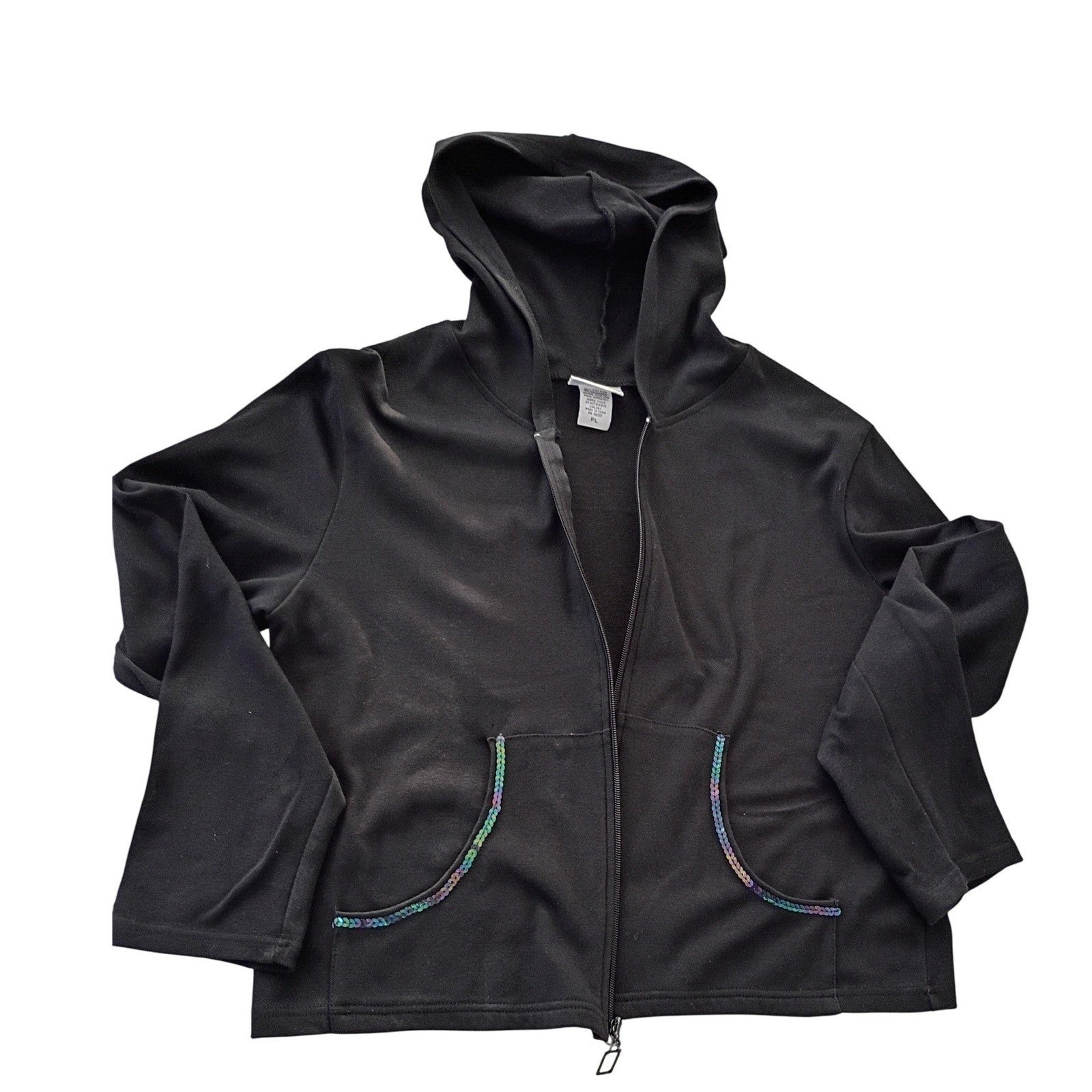C.W. SPORT Black Cotton Zip-Up Hoodie Sequin Pocket Detail Large Casual