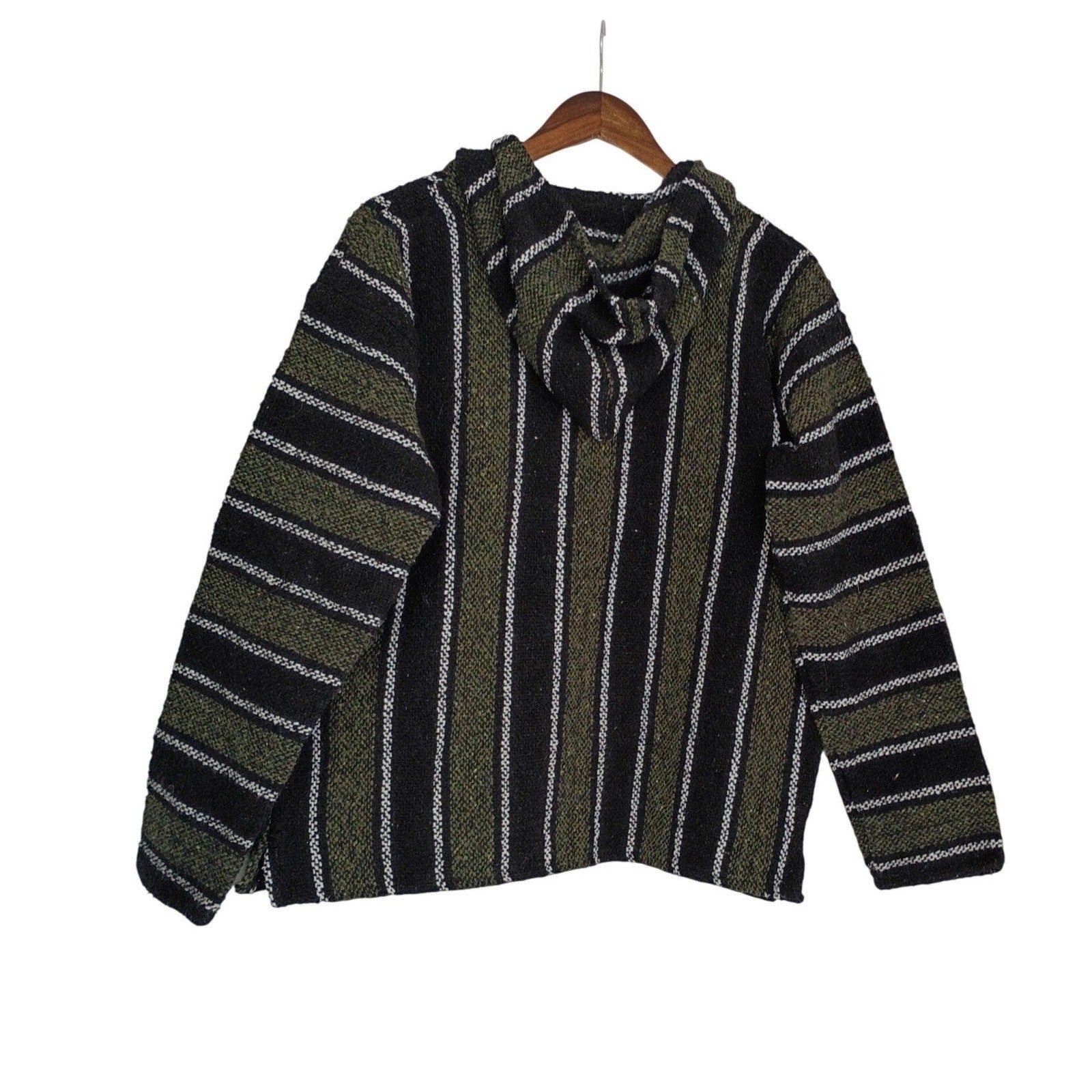 Baja Hoodie Mexican Blanket Womens L Striped Woven Surfer Boho Beach Pullover