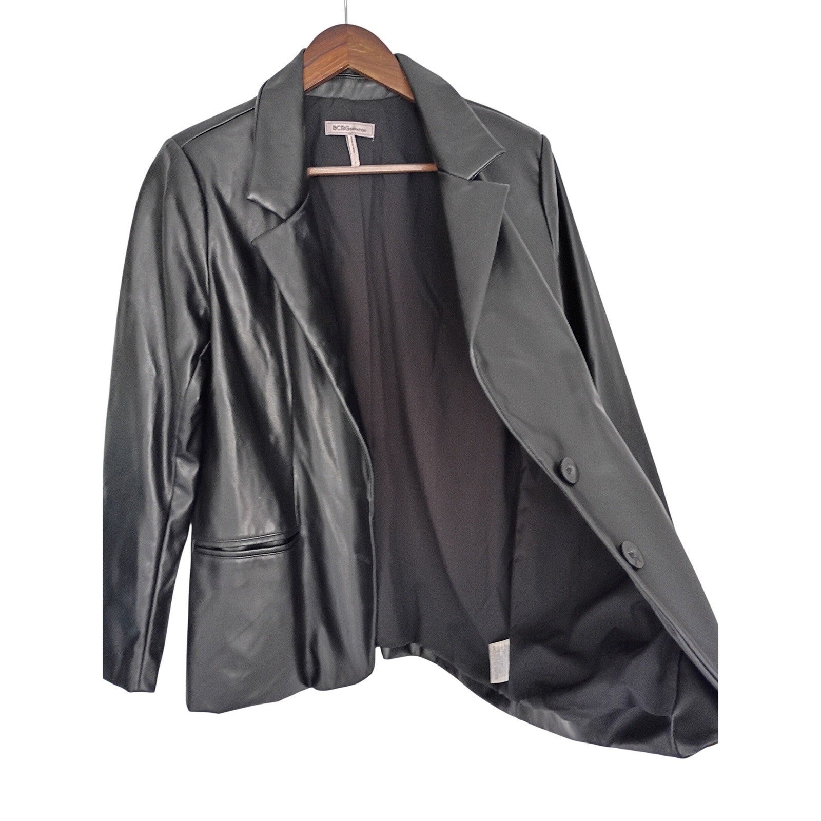 BCBGeneration Black Faux Leather Blazer Jacket S Small 38 Single Button Y2K Chic