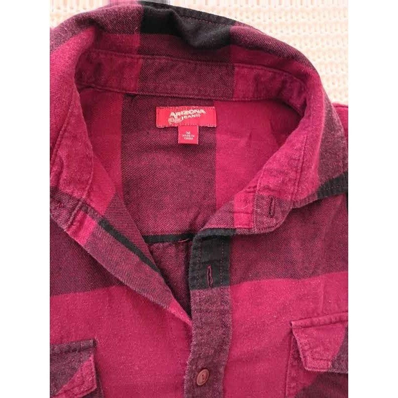 Arizona Jean Co 100% Cotton Flannel Shirt Buffalo Plaid Burgundy Blck Long Slv M